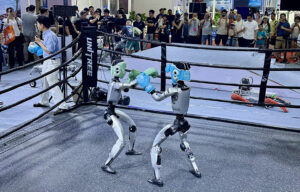 Humanoid robots demonstrate boxing at the World Robotics Conference in Beijing, as China demonstrates its tech leadership.