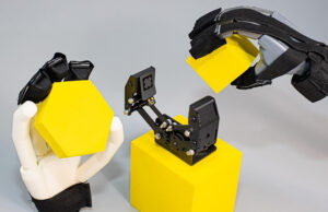 The Loomia Smart Skin Developer Kit can help roboticists test flexible tactile sensing, as shown here with robotic hands.