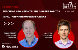 Headshots of charlie kemp and jan zizka, developer of Brightpick's Giraffe, with podcast logo.