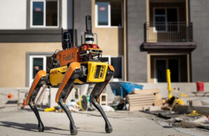 A quadruped robot equipped with FieldAI autonomy.