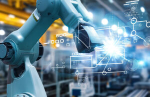 A robot arm in a manufacturing center with white illustrations on top.