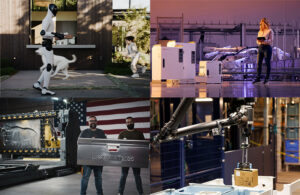 Figure's new robot, an ABB robot, a robot in an american manufacturing facility, and an Amazon robot.